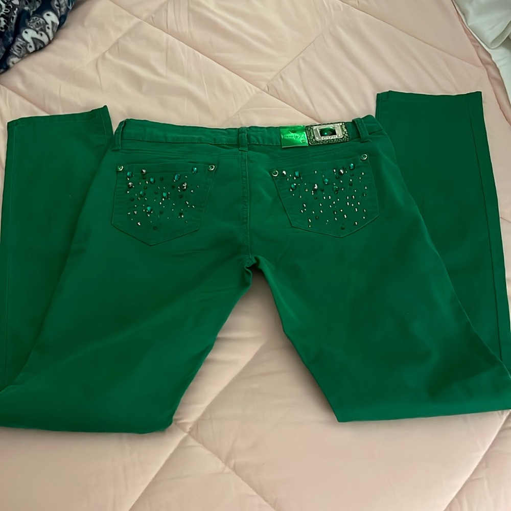 Gorgeous jeans with rhinestones of emerald greens and silver speckles